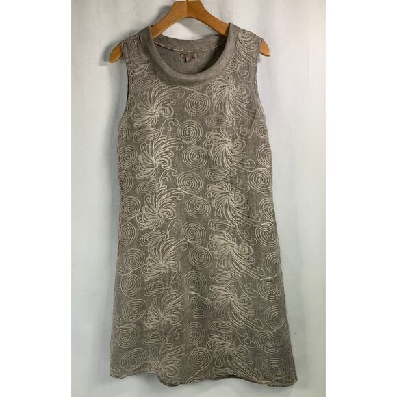 Lina Tomei Dresses & Skirts - Lina Tomei Linen Embroidered Front Taupe Dress Pockets Classy‎ Comfort Size L